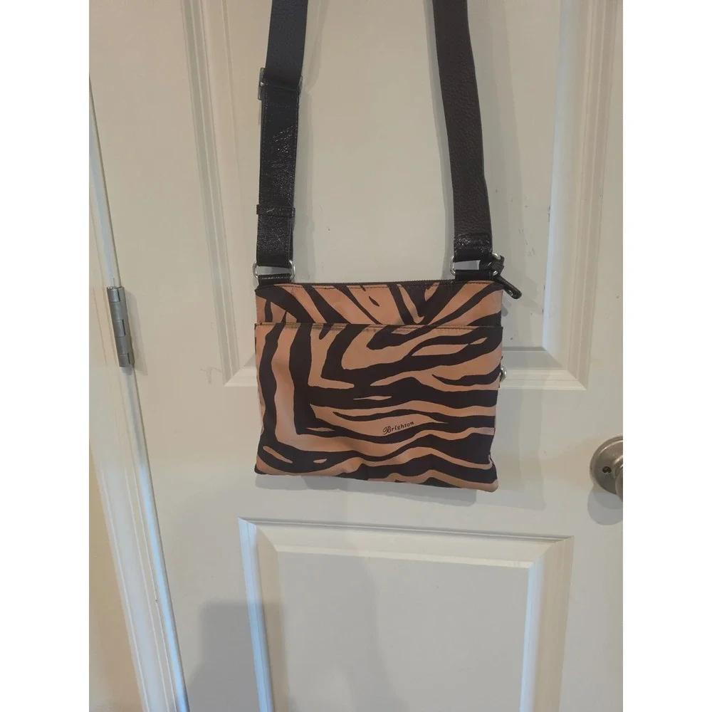 Brighton Zebra Print Crossbody Bag Black Tan Patent Trim E318211